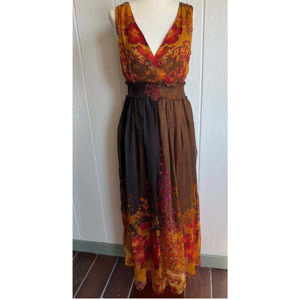 Vintage Floral Chiffon Maxi Dress Brown Orange Boho Empire Waist Medium